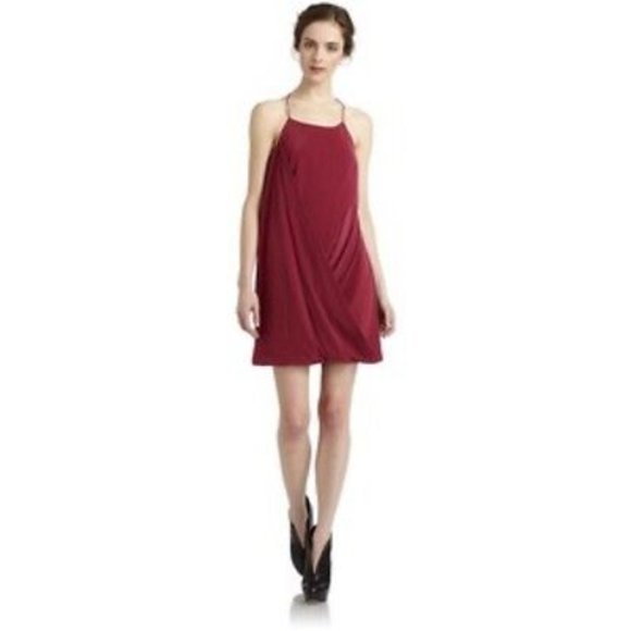 POLECI Draped CROSSOVER Burgundy Strappy DRESS Bubble Hem 4
